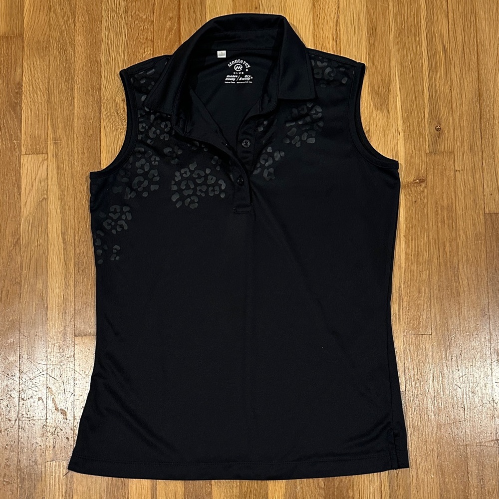 Sleeveless Black Polo Tank Top with Subtle Leopard Print